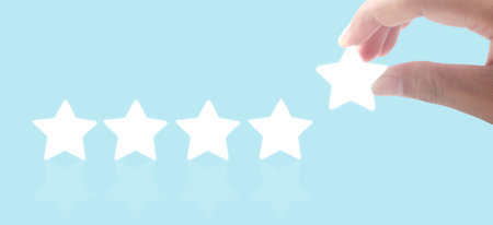 Rise on increasing five stars in human hand, Increase rating