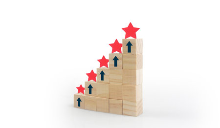 Wooden blocks with the five star symbol Increase rating, Customer experienceの写真素材