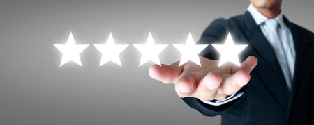 Rise on increasing five stars in human hand, Increase rating