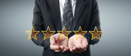 Rise on increasing five stars in human hand, Increase rating