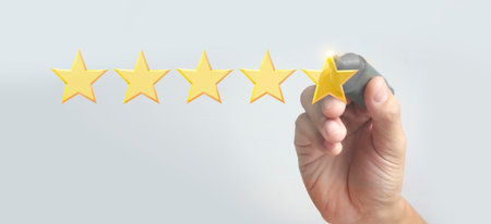 Rise on increasing five stars in human hand, Increase rating