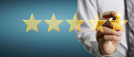 Rise on increasing five stars in human hand, Increase rating