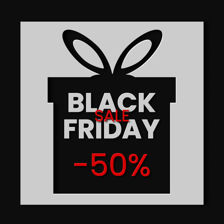 Black Friday Sale vector design in paper cut style with box and black background. For a poster or banner and greeting card.のイラスト素材