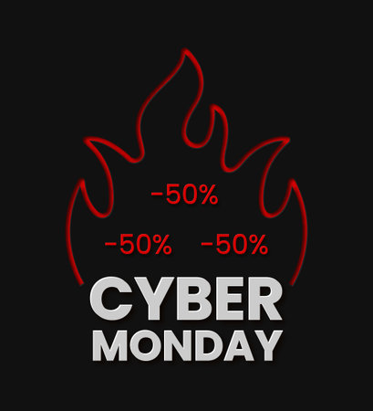 Cyber Monday Sale vector iilustration with red fire and black background. For banners, poster, flyers or web site. Modern designのイラスト素材