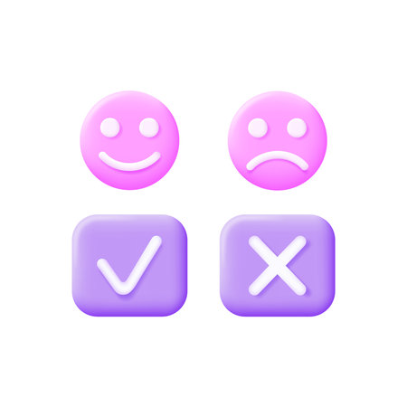 3d emotion icons and check and cross mark isolated on white background. Modern and trendy design in 3d style for web design.のイラスト素材