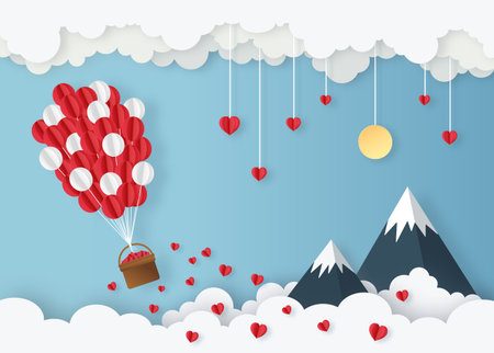 Illustration of love valentine's day banner with balloon and scatter heart in the sky. Valentine's day concept. Trendy vector in paper cut style.のイラスト素材