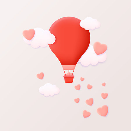 3d Illustration of valentine's day with air balloon flying in the air with clouds and hearts. Trendy vector in 3d style. Can be used for many purposes.のイラスト素材