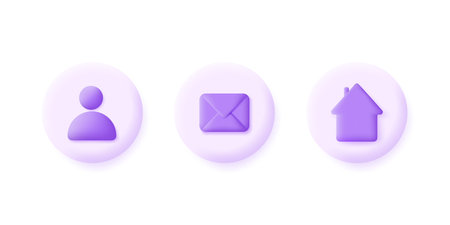 3d mail, name and address icons isolated on white background. Company Connection business card icon set. Can be used for many purposes. Trendy and modern vector in 3d style.のイラスト素材