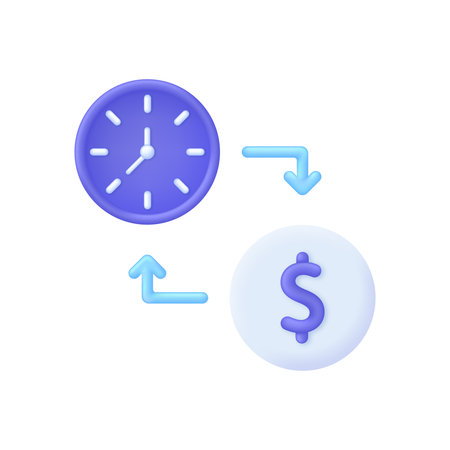 3D Time is money concept. Dollar coin with clock. Long term investment, financial future planning, pension savings fund, financial solutions, payment terms, time management. Vector in 3d style.のイラスト素材