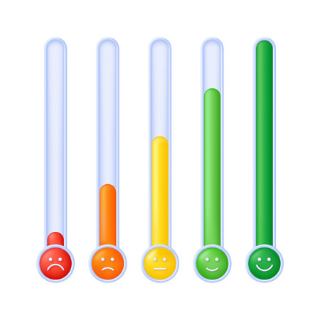 3D Feedback emotion scale illustration. Reviews with good and bad ratings. Feedback in the form of emotions. customer reviews. Excellent, good, normal, bad, terrible. Trendy vector in 3d style.のイラスト素材