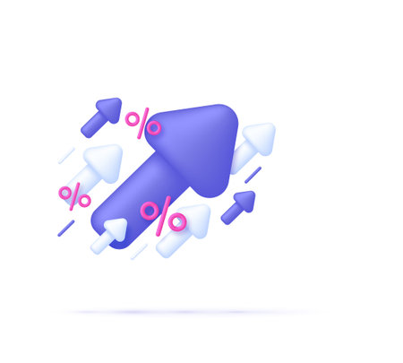 3D Percent and arrows. Percentage arrow up. Interest rate, finance, banking, credit and money sphere concept. Trendy and modern vector in 3d style.のイラスト素材