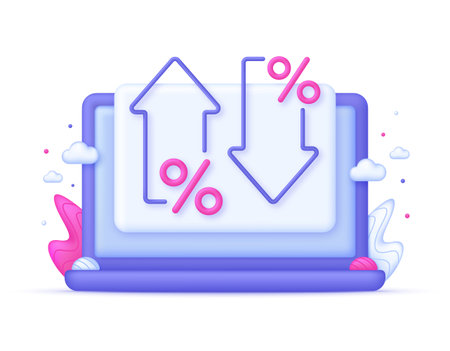 3D Percent and arrow icon on Computer. Percentage with arrow up and down. Interest rate, finance, banking.のイラスト素材