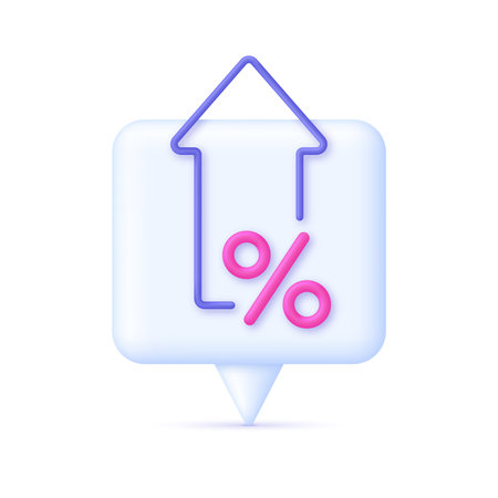 3D Percent and arrow icon on Speech Bubble. Interest rate, finance, banking, credit and money sphere concept.のイラスト素材
