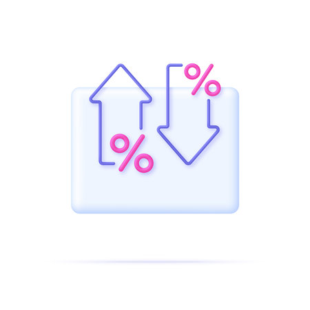 3D Percent and arrow icon. Percentage with arrow up and down. Interest rate, finance, banking, credit and money sphere concept. Trendy and modern vector in 3d style.のイラスト素材