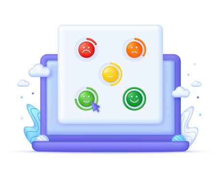 3D Feedback emotion scale on Computer. Reviews with good and bad rating. Feedback in the form of emotions.のイラスト素材
