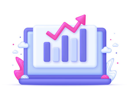 3D Growing bar graph illustration on Computer. Making goals and goal achievement, growth business success. Investment and financial growth concept. Modern vector in 3d style.のイラスト素材