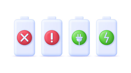 3D Set of batteries. battery charge indicator. Battery charge from low to high. Discharged and...