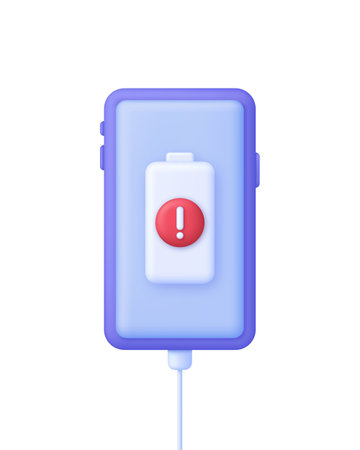 3D Battery and exclamation mark on Phone. Low battery warning.のイラスト素材