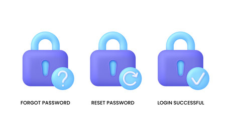3D Set of password illustrations. Forgot, reset password and login successful. Cyber security to Protect Personal Data. User authorization, sign in to account, authentication page. Vector in 3d style.のイラスト素材