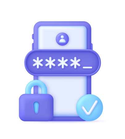 3D Phone and account login and password form page. User authorization, sign in to account, authentication page. Trendy and modern vector in 3d style.のイラスト素材