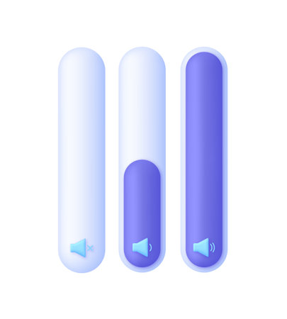 3D Volume indicator illustration. Less and more volume. Level visualization. Scrollbar volume, brightness. Panel switch control. Trendy and modern vector in 3d style.のイラスト素材