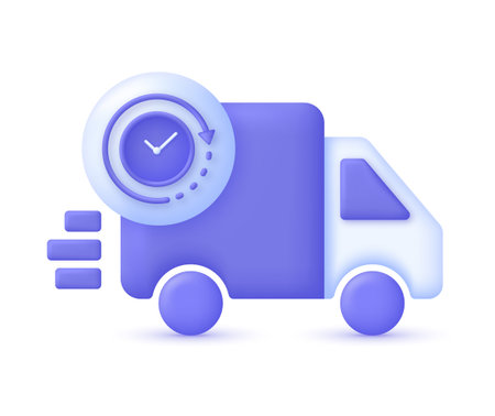3D Truck and clock icon. 24.7 hours delivery illustration. Express delivery, shipping, truck icon,...