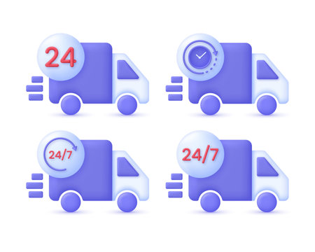 3D Set of Delivery truck and 24.7 icon. Express delivery, shipping, truck icon, quick move. Fast delivery concept. Trendy and modern vector in 3d style.のイラスト素材