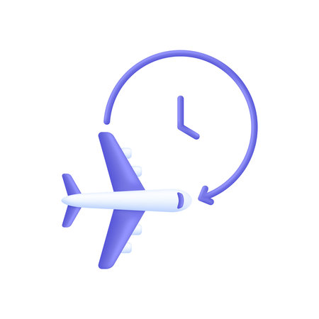 3D Plane is delayed illustration. Timer and air plane icon. Concept of information icon for airline or terminal board. Travel icon. Trendy and modern vector in 3d style.のイラスト素材