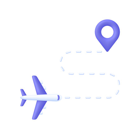 3D Airplane route illustration. Travel from the starting point to the location pin. Travel icon.のイラスト素材