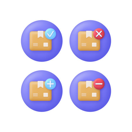 3D Delivery package illustration. Add or remove package. Approved and Rejected. Shipping box and cardboard boxのイラスト素材