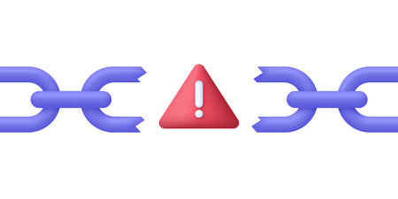 3D Broken chain and exclamation mark. Something went wrong. Error message. Trendy and modern vector...
