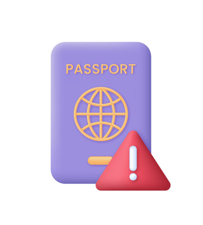 3D Passport with exclamation mark. Attention triangle sign. Something went wrong. Document conceptのイラスト素材