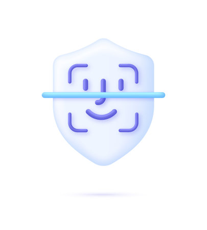 3D Face recognition illustration on shield. Concept of facial recognition, face ID system, biometric identification, face scan system. Cyber security concept. Modern vector in 3d styleのイラスト素材