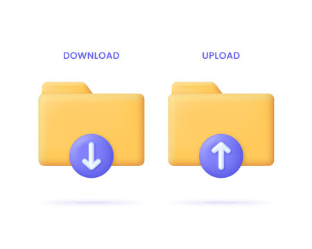 3D Download and upload folder illustration. Concept of data sharing service, information transfer, file exchange network. Trendy and modern vector in 3d styleのイラスト素材