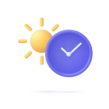 3D Clock and Sun illustration. Four seasons and day parts related icon. Sunscreen, Sunglasses, UV rays exposure time.のイラスト素材