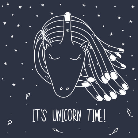 Hand Drawn Black and White Simple Doodle unicorn art card in Kids Style. Illustrations Background with Drawing Vector Sketch for textile, print, postcard, text,  poster, backgroundのイラスト素材