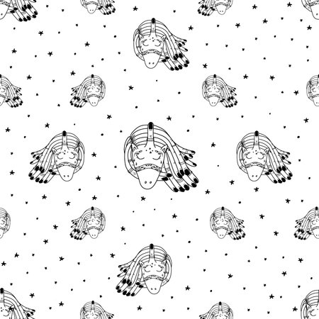 Hand Drawn Black and White Simple Tattoo Doodle unicorn pattern in Kids Style. Surreal Background Vector for textile, print card, postcard, text, invitation, poster, background, book, wallpaper, t-short design, t-shirt printのイラスト素材