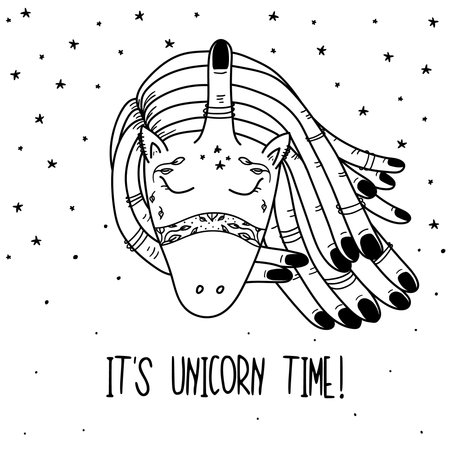 Hand Drawn Black and White Simple Doodle unicorn art card in Kids Style. Illustrations Background with Drawing Vector Sketch for textile, print, postcard, text,  poster, backgroundのイラスト素材
