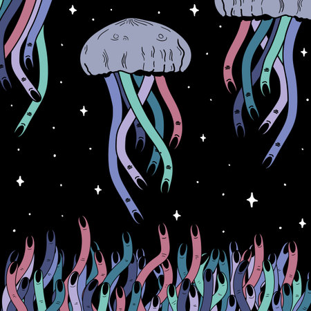 Hand Drawn violet Doodle jellyfish card in Kids Style. Illustrations Drawing Vector Sketch for textile, print, postcard, text, poster, background, book, t-shirt print, design, wallpaperのイラスト素材