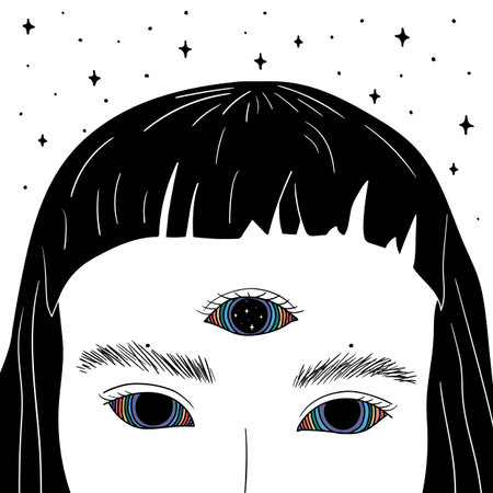 Hand Drawn art of girl with rainbow eyes in the spaceのイラスト素材