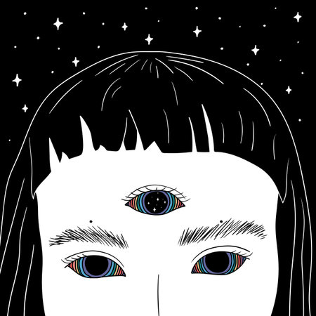 Hand Drawn art of girl with rainbow eyes in the spaceのイラスト素材