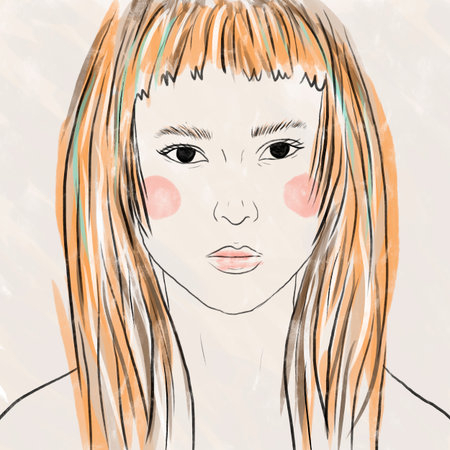 the face of a young girl in drawn styleの写真素材