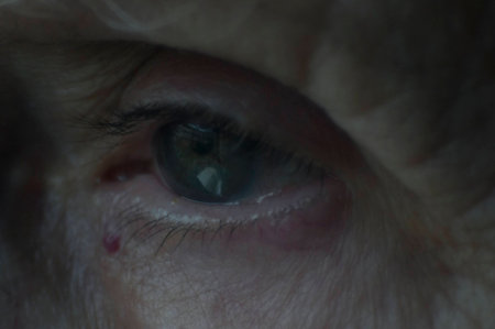 Eye of mature women, blue-green color. close up macro