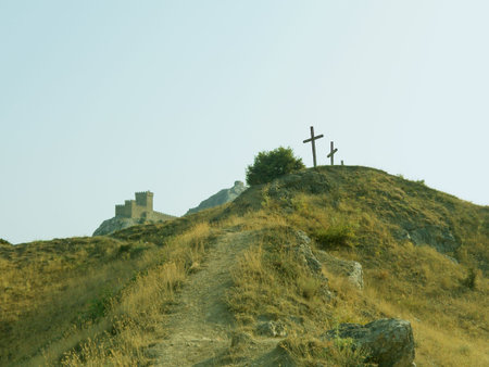 Three crosses on the hill and fortress, Crimea