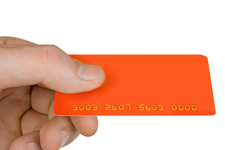Hand with blank discount card, isolated on whiteの写真素材