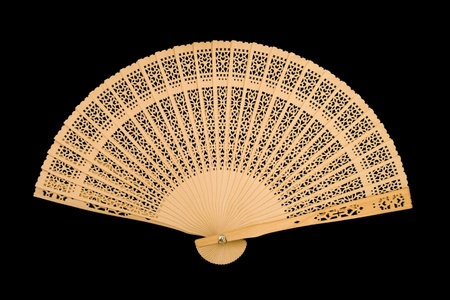 Wooden fan, isolated on black backgroundの写真素材