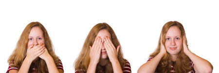 Speak no evil, see no evil and hear no evil, girl isolated on white backgroundの写真素材