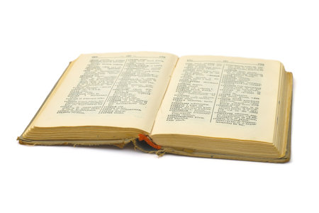 Opened retro book isolated on white backgroundの写真素材