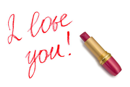 Lipstick and words I love you! isolated on white backgroundの写真素材