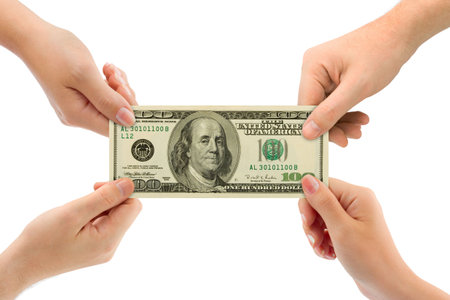 Hands and money isolated on white backgroundの写真素材